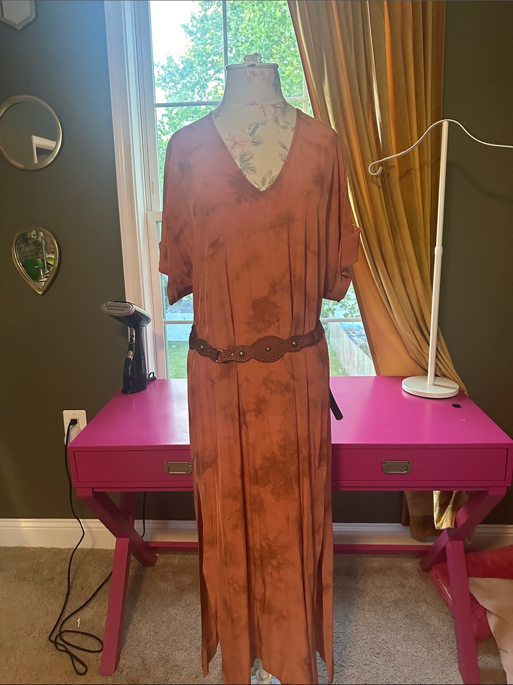 Zara Rust Tie-Dye V-Neck Maxi Dress